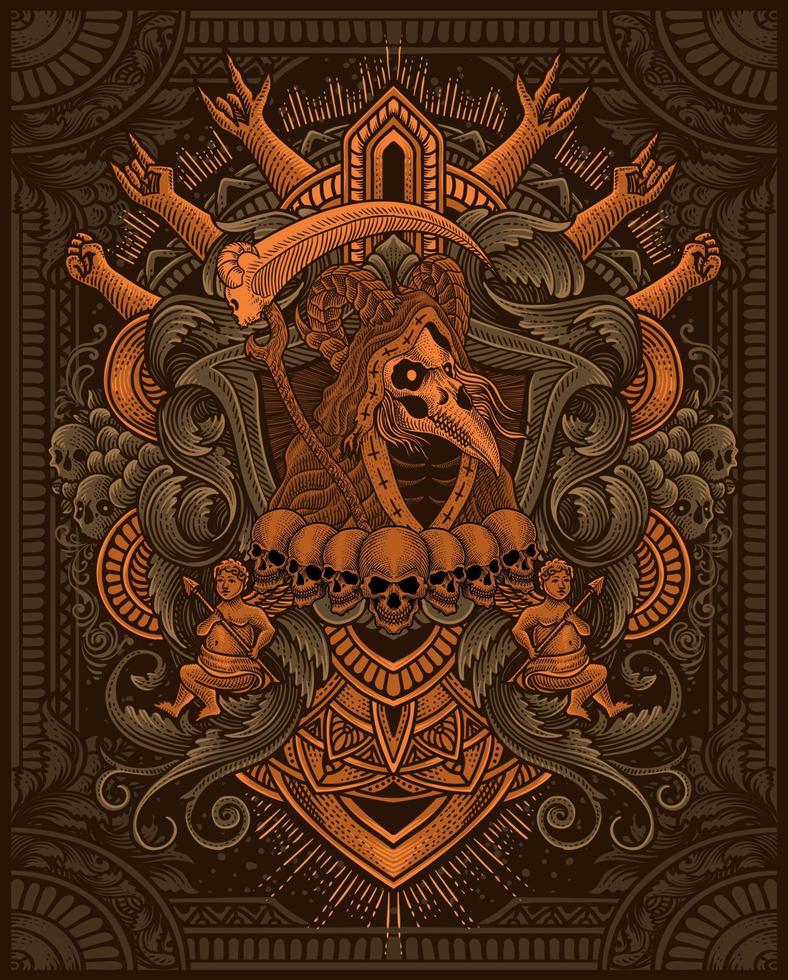 ilustración de de miedo severo segador cráneo con Clásico grabado ornamento en espalda Perfecto para tu negocio y mercancías vector