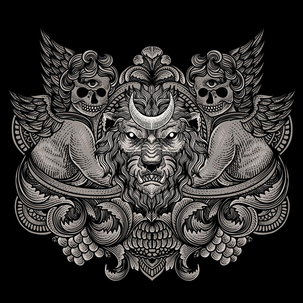 ilustración de león cabeza con Clásico grabado ornamento en espalda Perfecto para tu negocio y mercancías vector