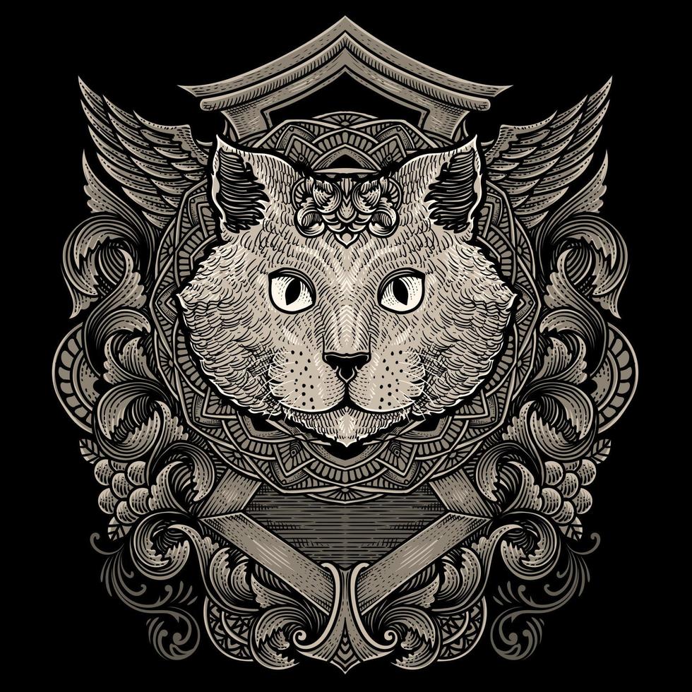 ilustración vector antiguo gato cabeza con Clásico grabado ornamento en espalda Perfecto para tu mercancías y t camisa