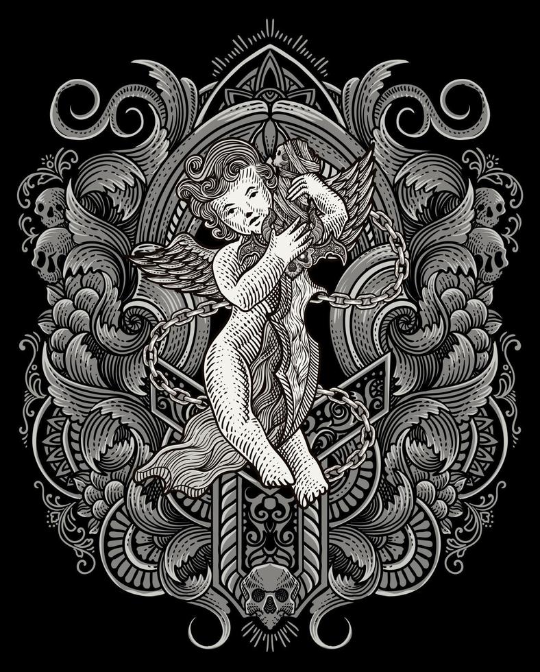 ilustración Cupido ángel participación cuchillo con Clásico grabado ornamento en el espalda Perfecto para tu negocio y mercancías vector