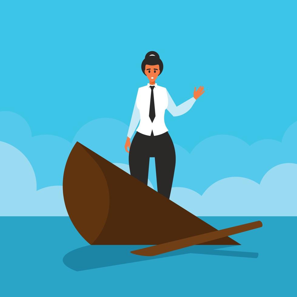 Businesswoman Standing In A Sinking Boat, Isolated Background. vector