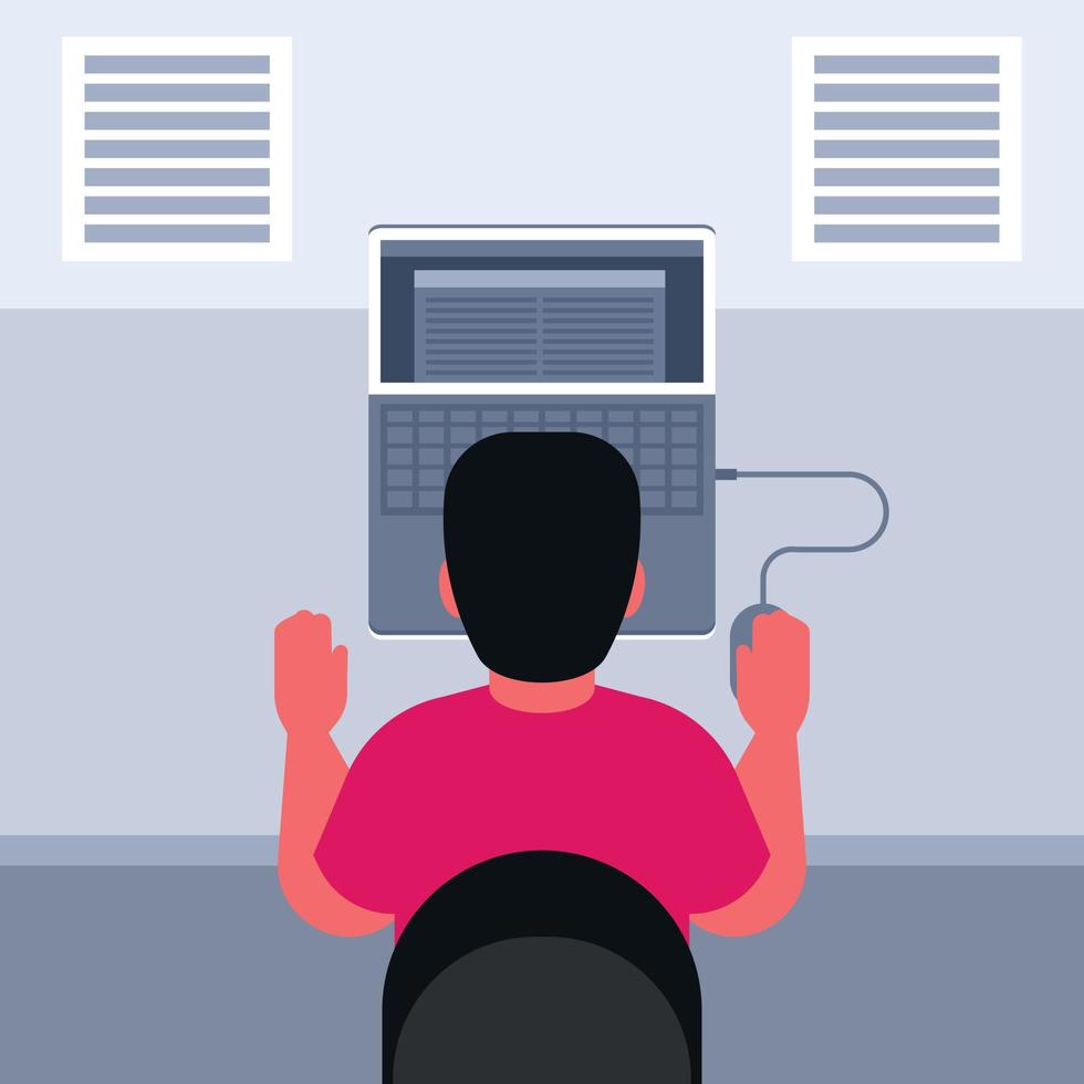 Man Is Working On A Laptop, Isolated Background. vector