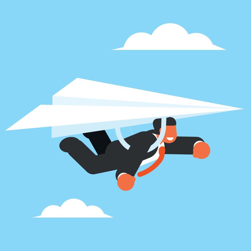 Businessman Flying On A Paper Plane, Isolated Background. vector