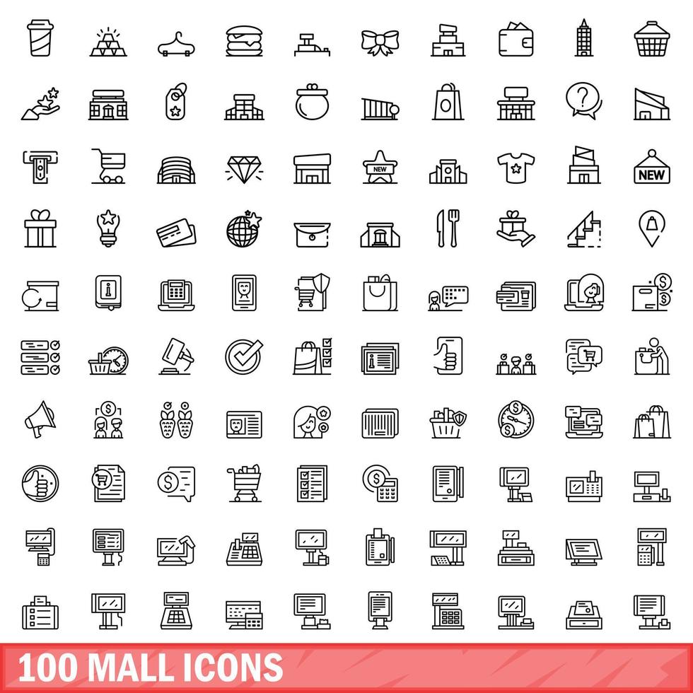 100 centro comercial íconos colocar, contorno estilo vector