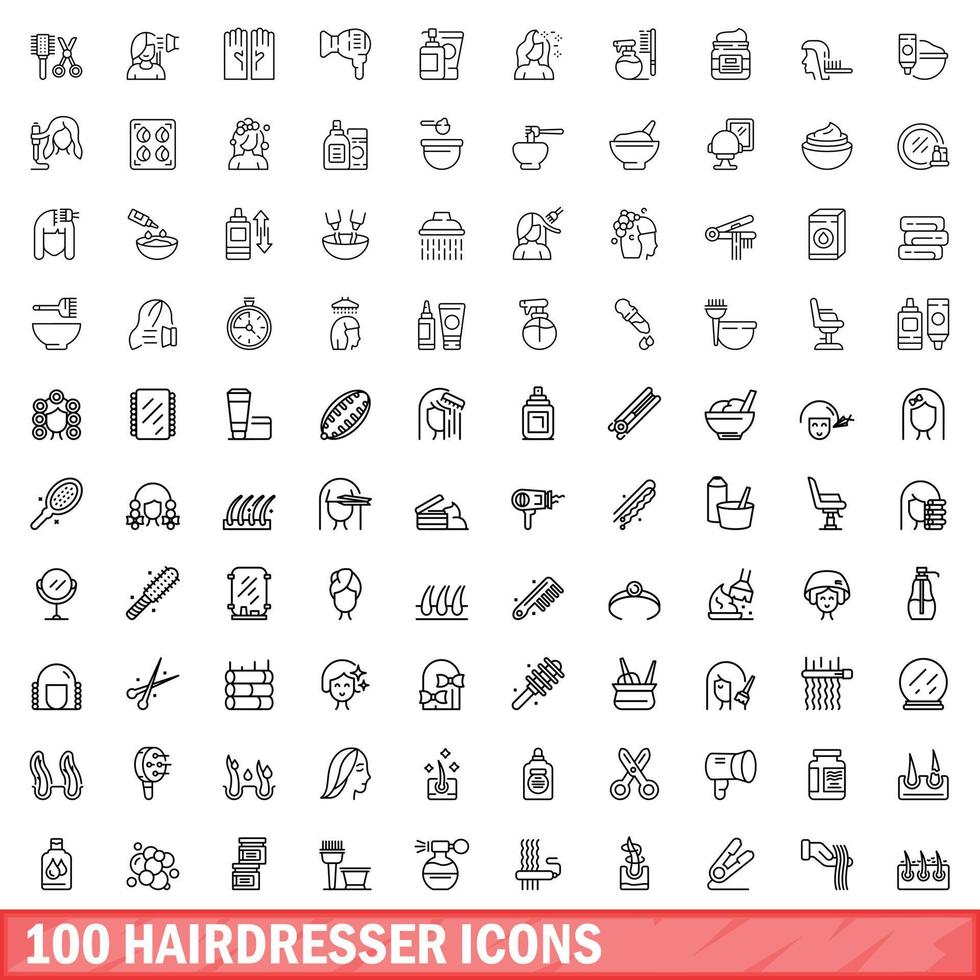 100 peluquero íconos colocar, contorno estilo vector