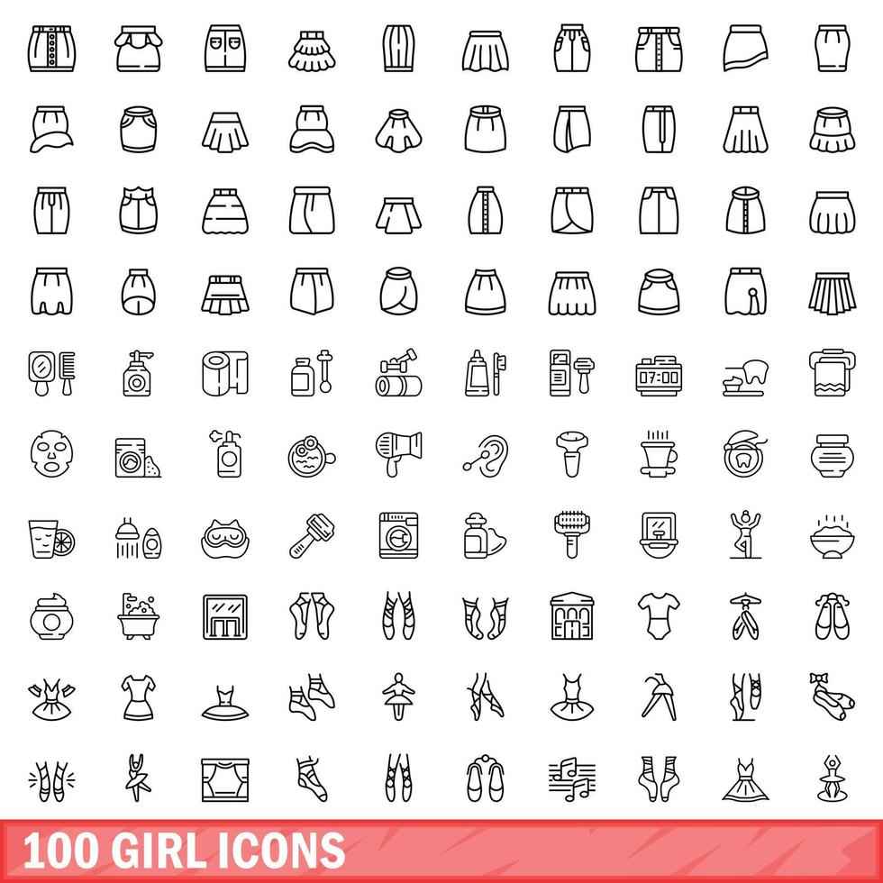 100 girl icons set, outline style vector