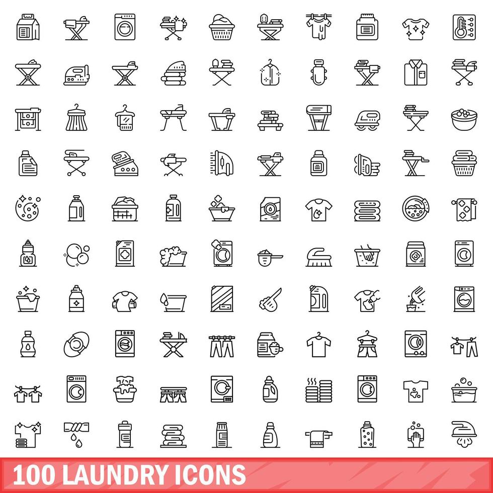 100 laundry icons set, outline style vector