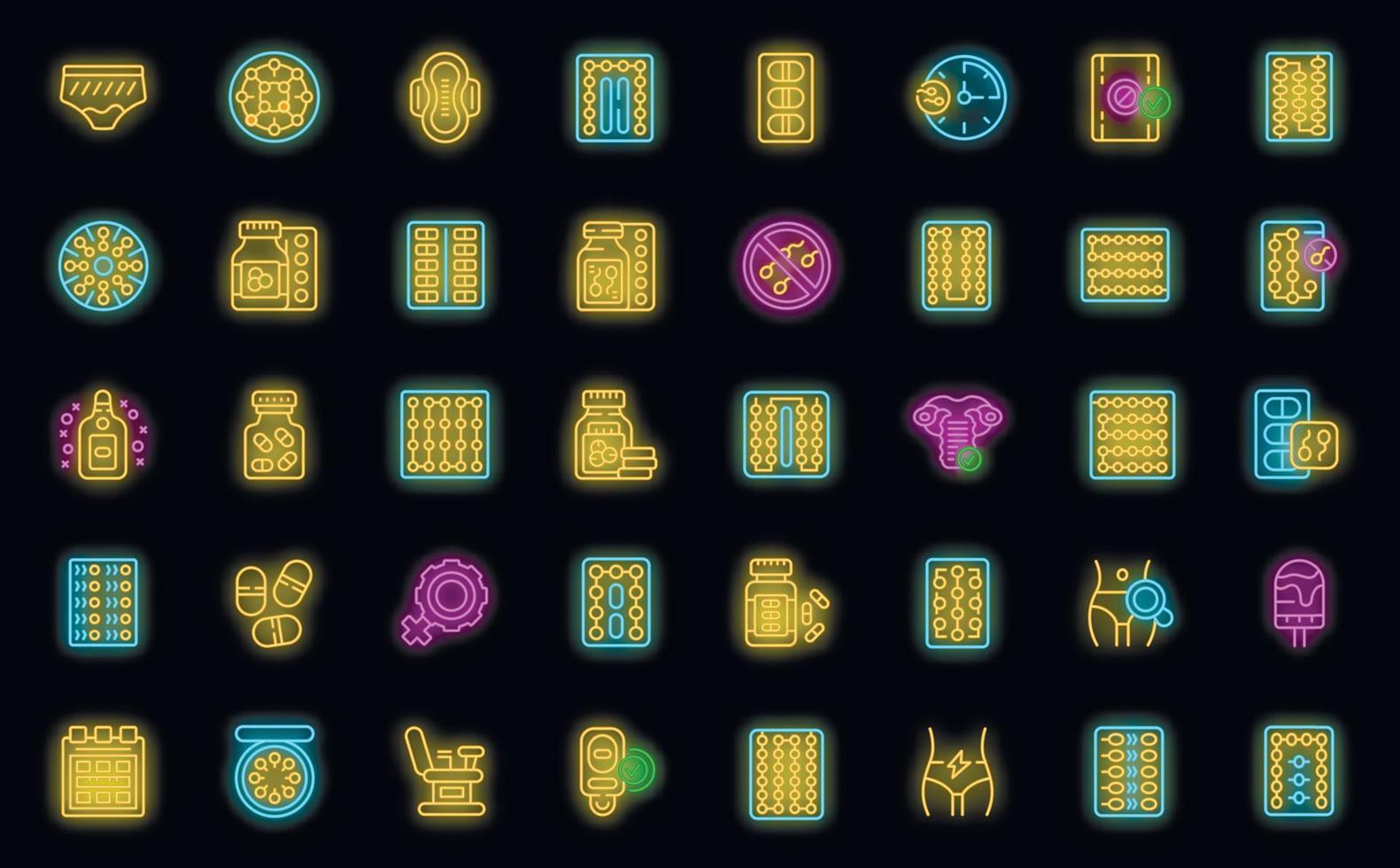 Female oral contraception icons set vector neon