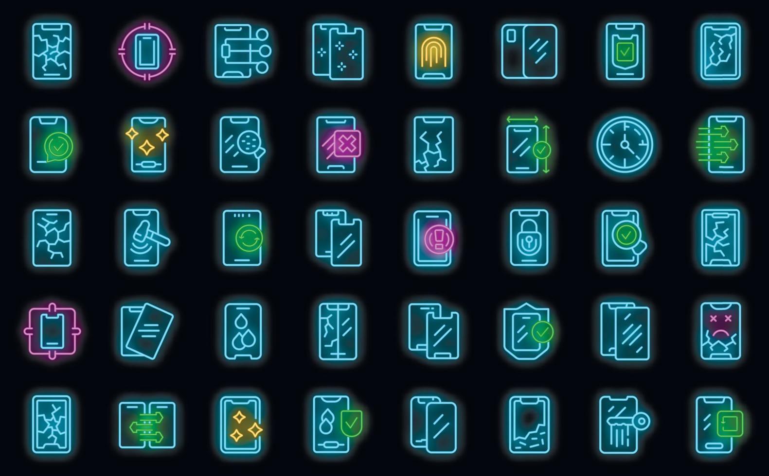 Protective glass for smartphone icons set vector neon