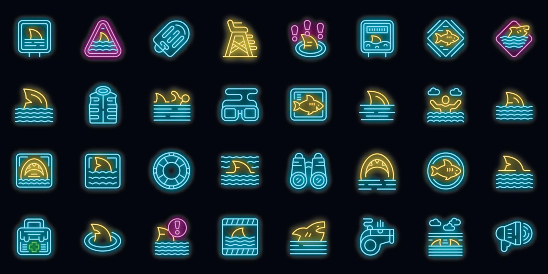 Beware the sharks icons set vector neon