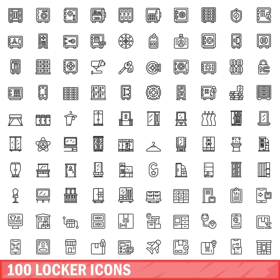 100 locker icons set, outline style vector