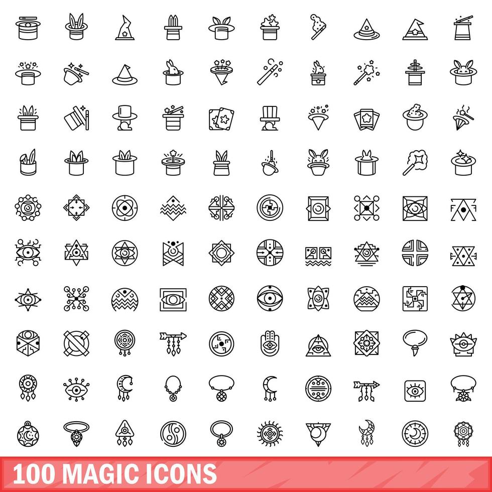 100 magic icons set, outline style vector