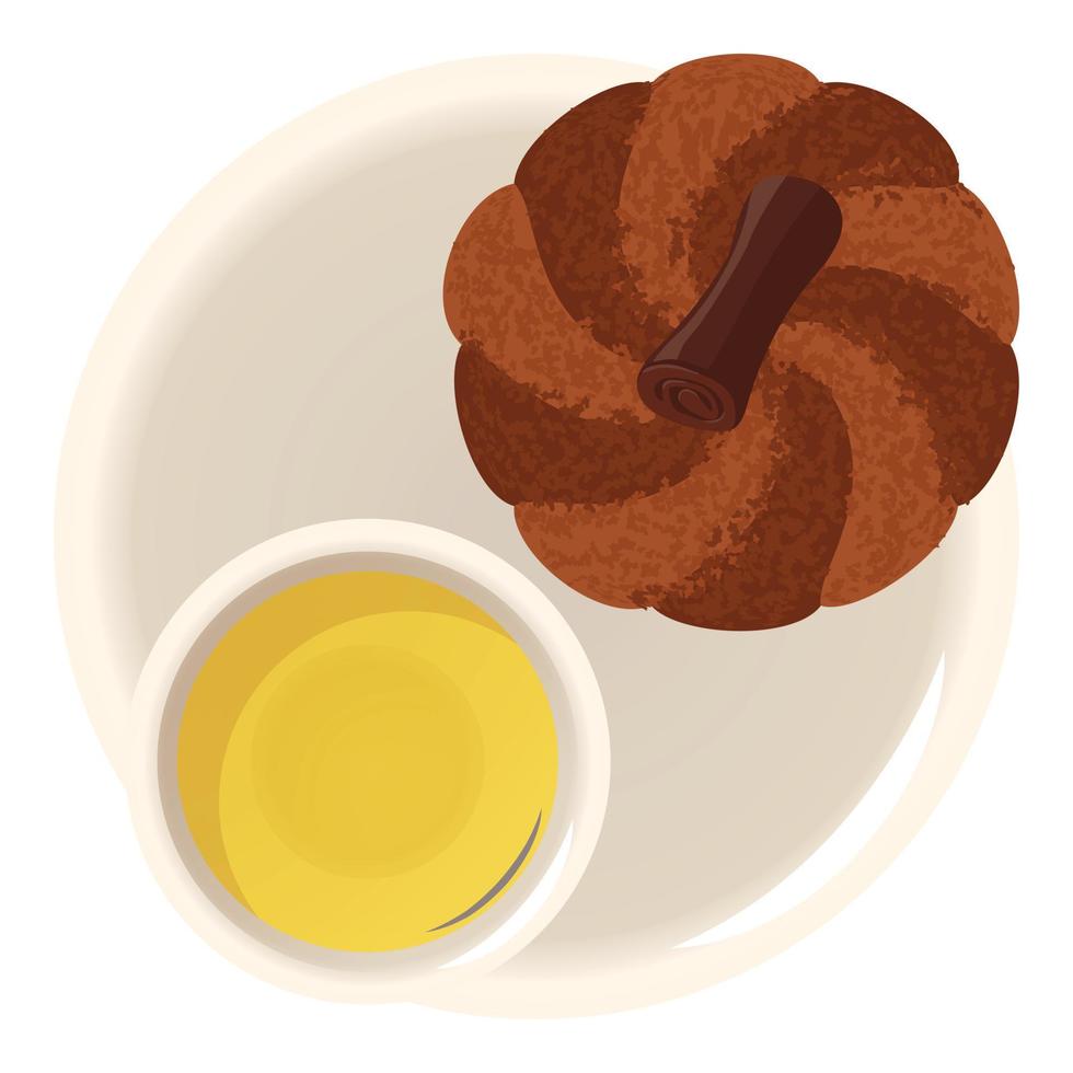 Bundt cake icon isometric vector. Chocolate bundt cake and cup of helb tea icon vector