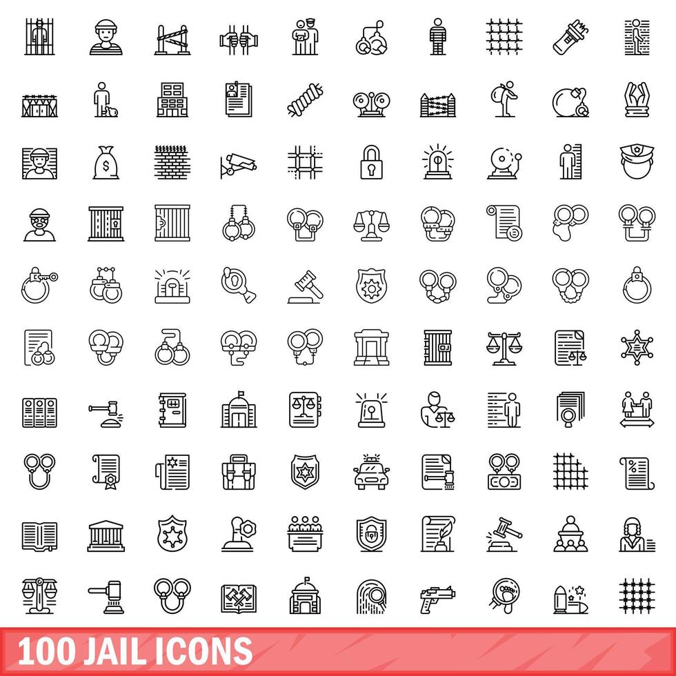 100 jail icons set, outline style vector