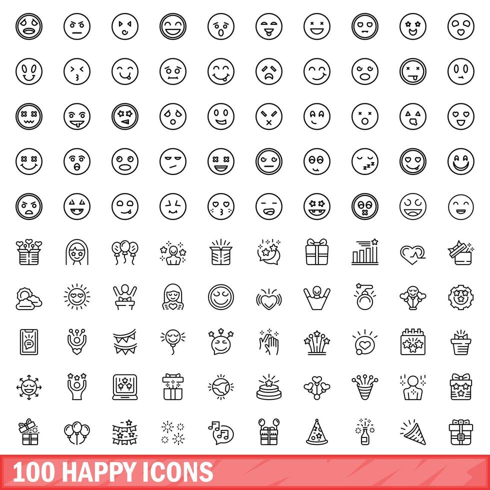 100 happy icons set, outline style vector