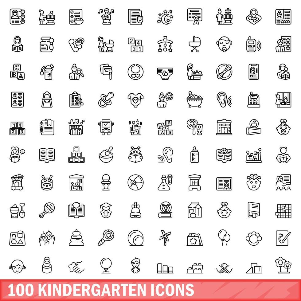 100 kindergarten icons set, outline style vector