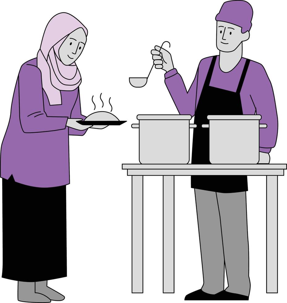 Muslim couple cooking in the kitchen. Vector illustration in flat style.