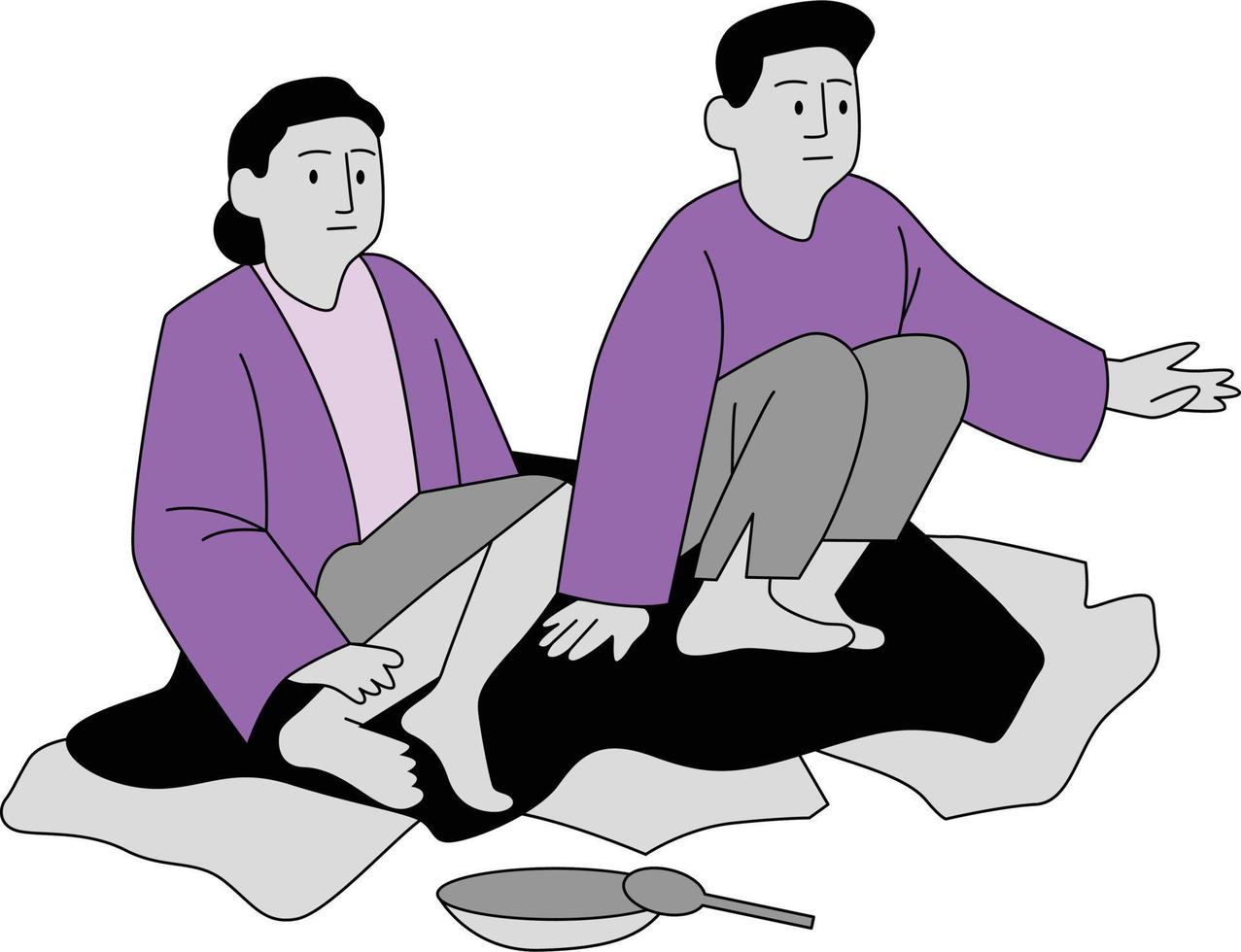 Illustration of two men sitting on the floor and looking at the pan vector