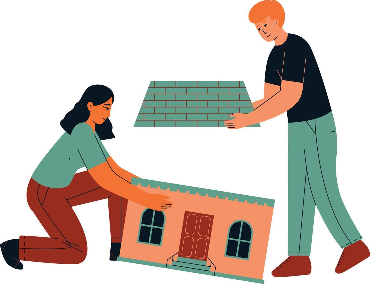 Man and woman building a house. Vector illustration in flat style.