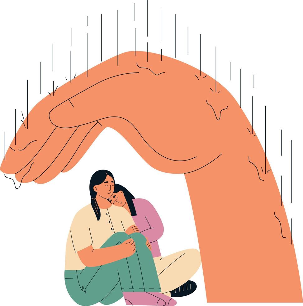 Sad woman hugging her boyfriend and crying, flat vector illustration isolated.