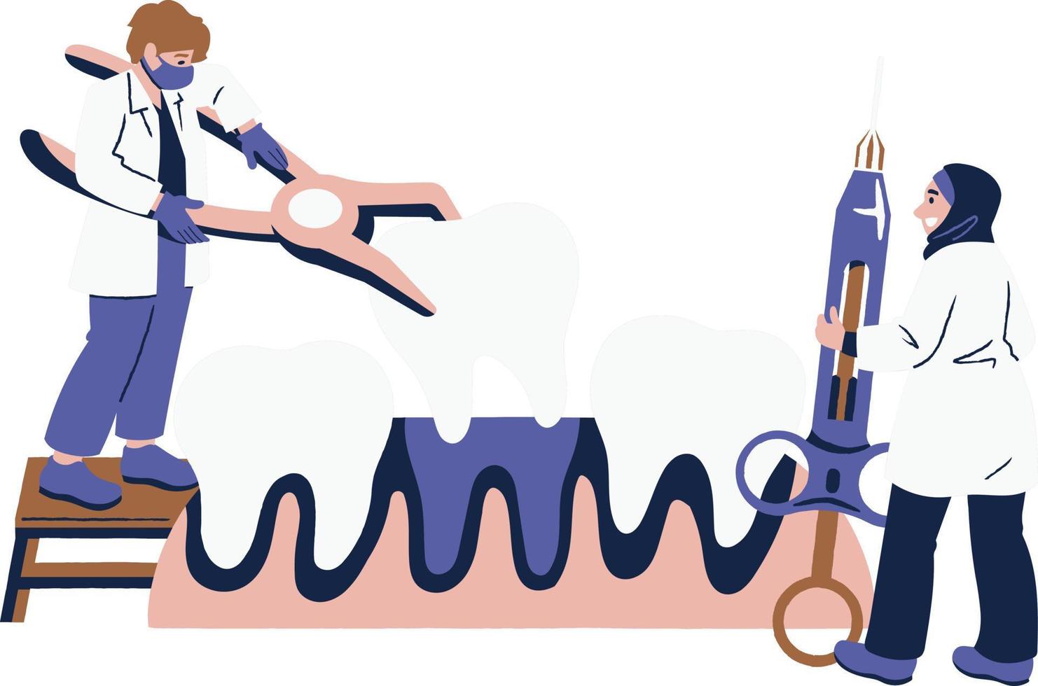 Dental clinic, dentistry, treatment and prevention concept. Dentist and patient with stethoscope and syringe. Vector illustration in flat style
