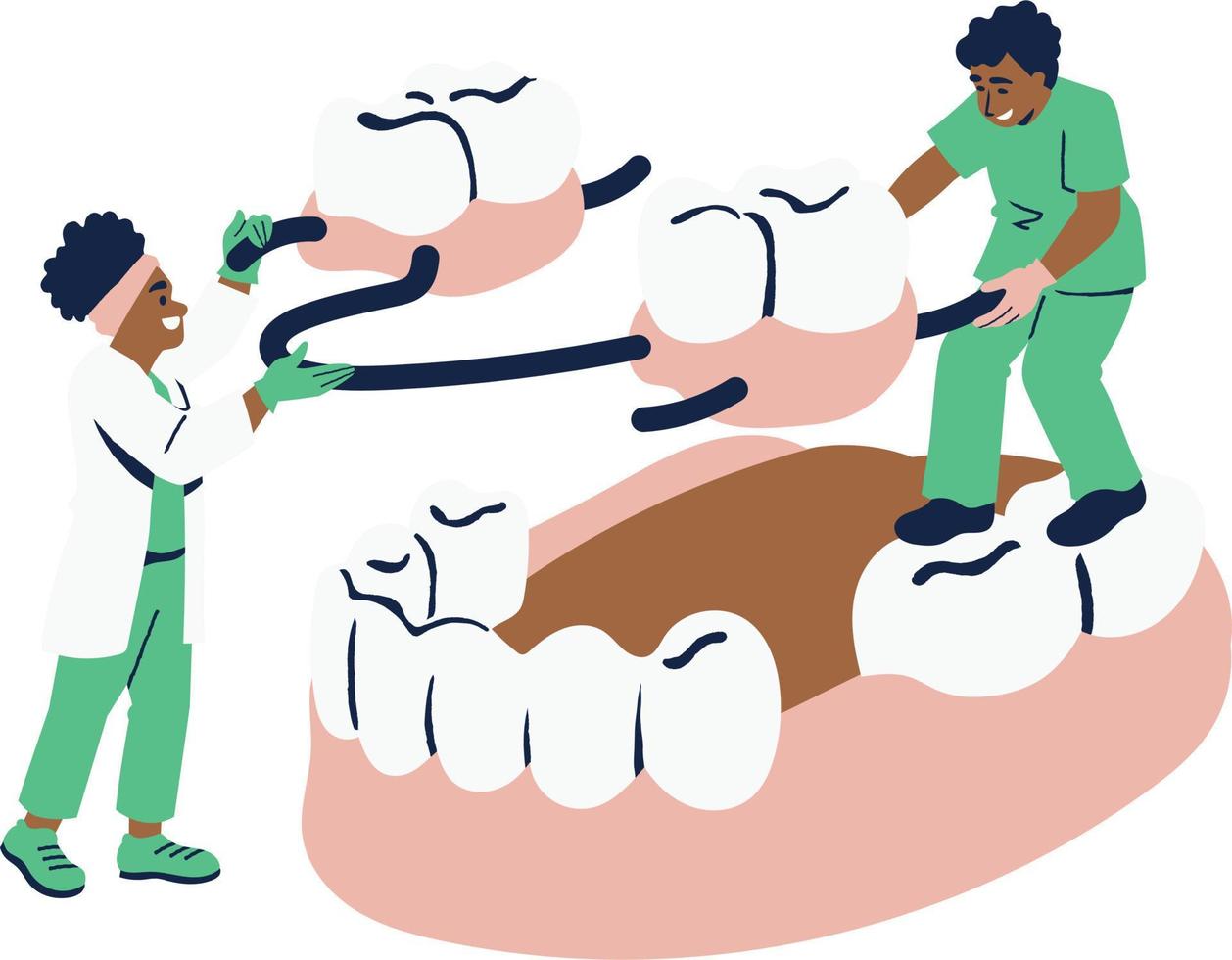 Dental Care Concept. Orthodontic Treatment and Treatment. Dentist Examining Human Teeth, Orthodontist Examining Stomatology Dental Health. Cartoon Flat Vector Illustration