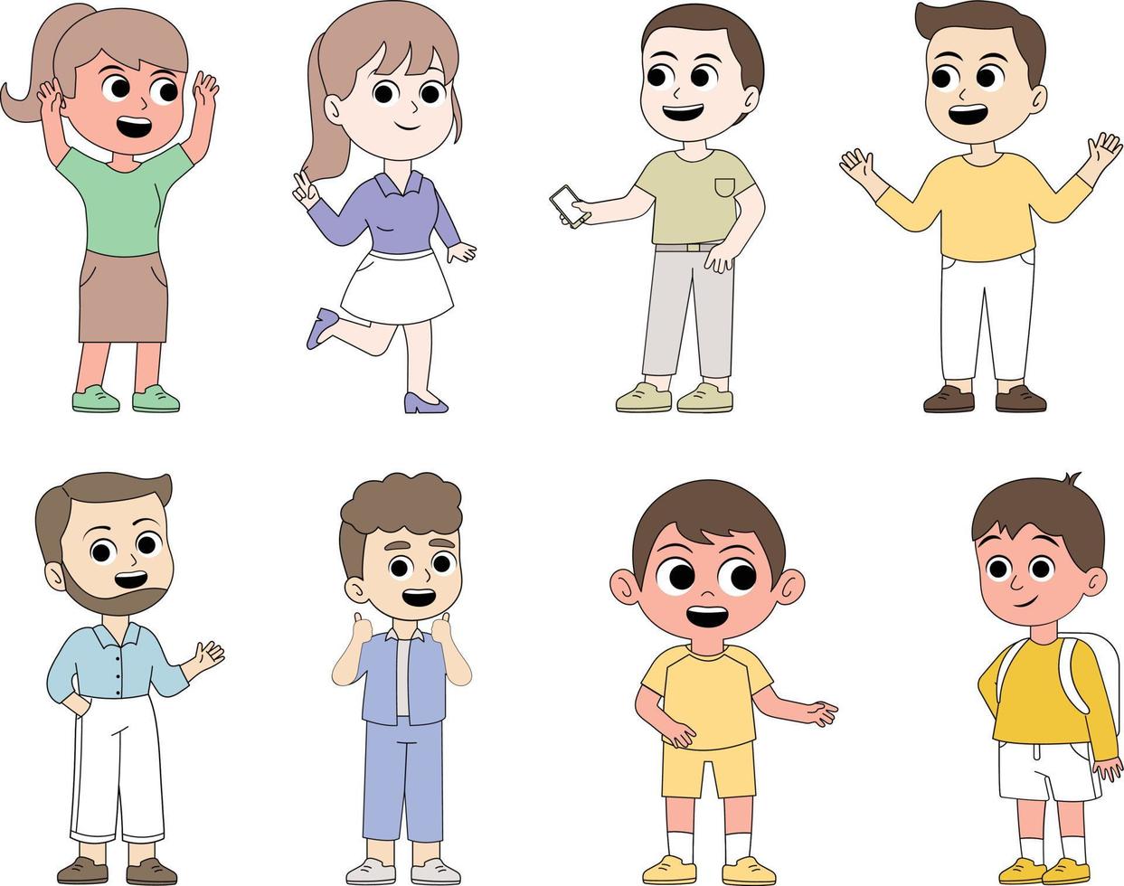 Cute cartoon kids in different poses. Vector illustration on white background.