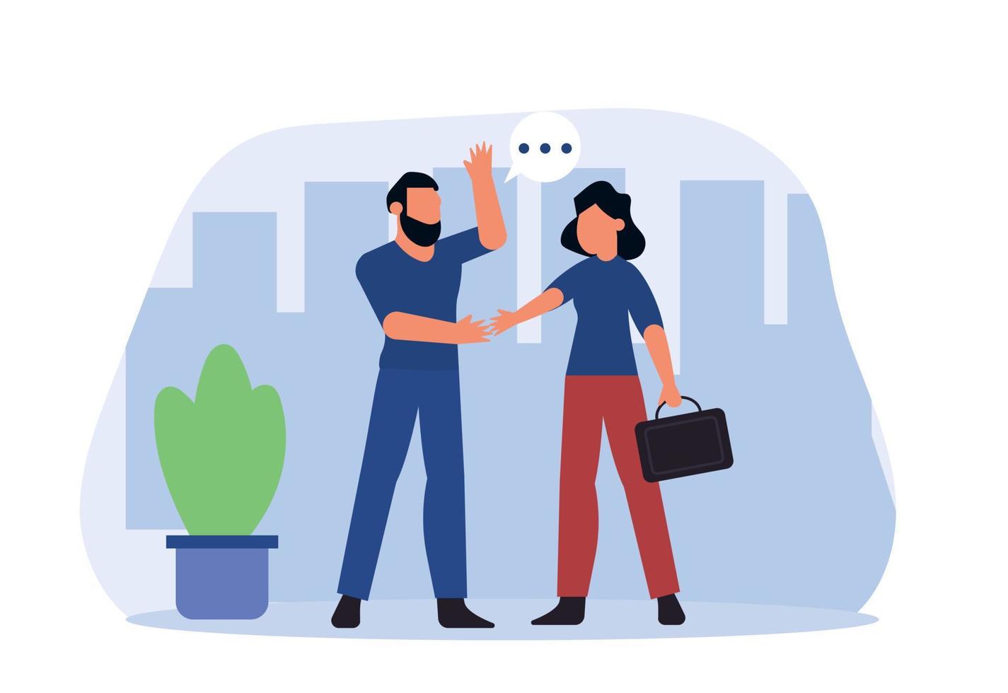 A woman and a man have a business meeting, they shake hands. Business partners discussing a deal at a meeting. Cooperation in business concept vector illustration