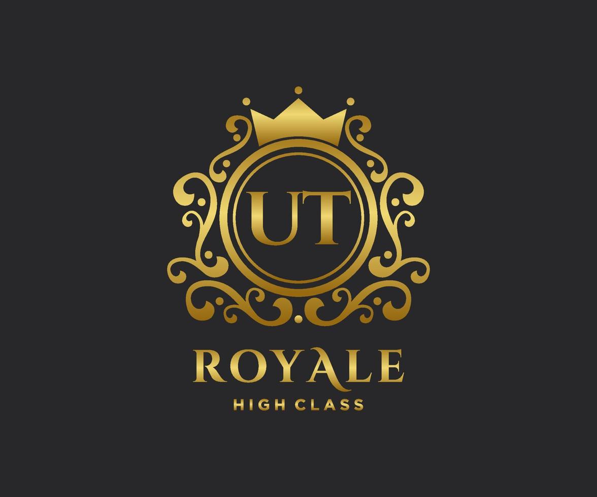 Golden Letter UT template logo Luxury gold letter with crown. Monogram alphabet . Beautiful royal initials letter. vector