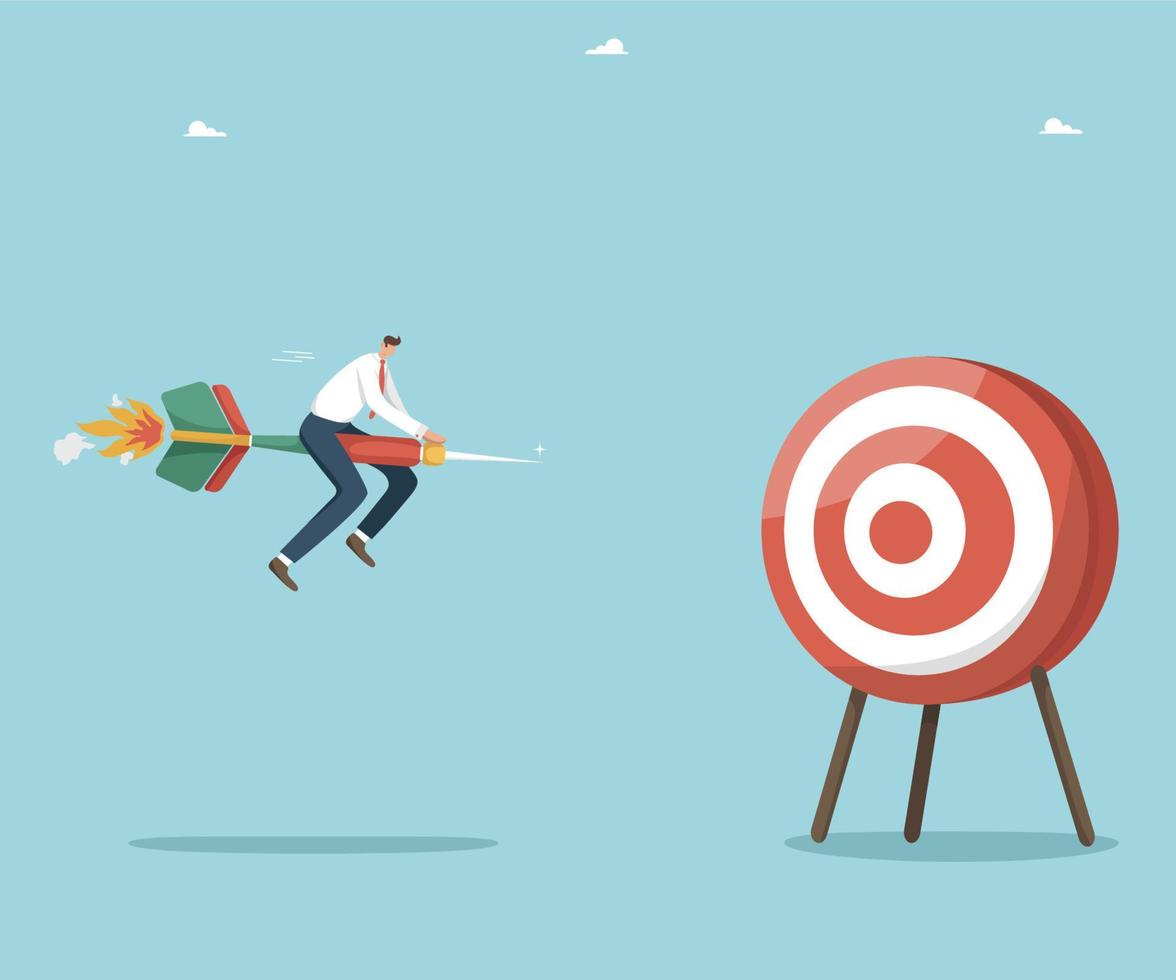 Hard work to achieve business goals, achieve high results and success in work and business, motivation and creativity for career growth, a person flies on a dart straight to the dart target. vector