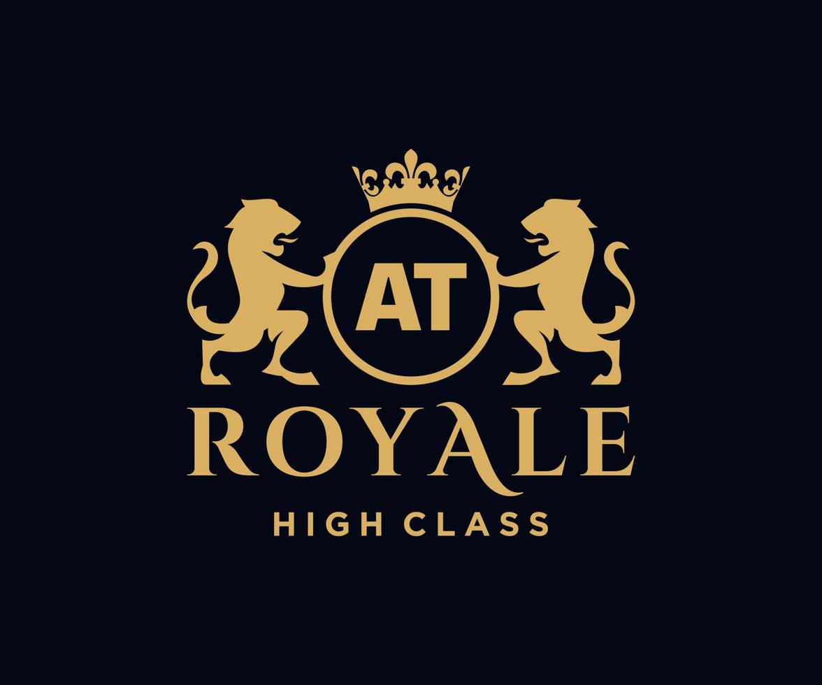 Golden Letter AT template logo Luxury gold letter with crown. Monogram alphabet . Beautiful royal initials letter. vector