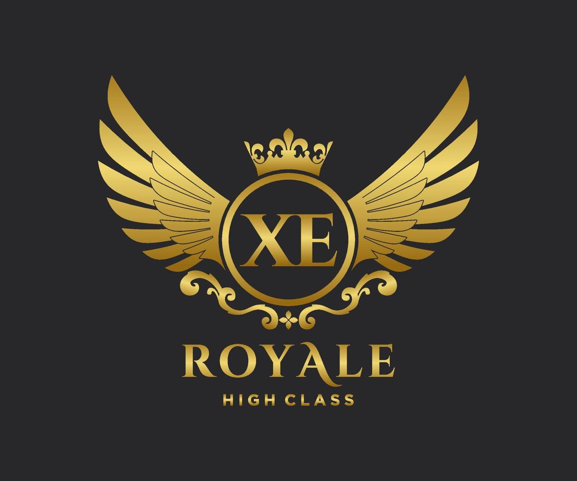 Golden Letter XE template logo Luxury gold letter with crown. Monogram alphabet . Beautiful royal initials letter. vector