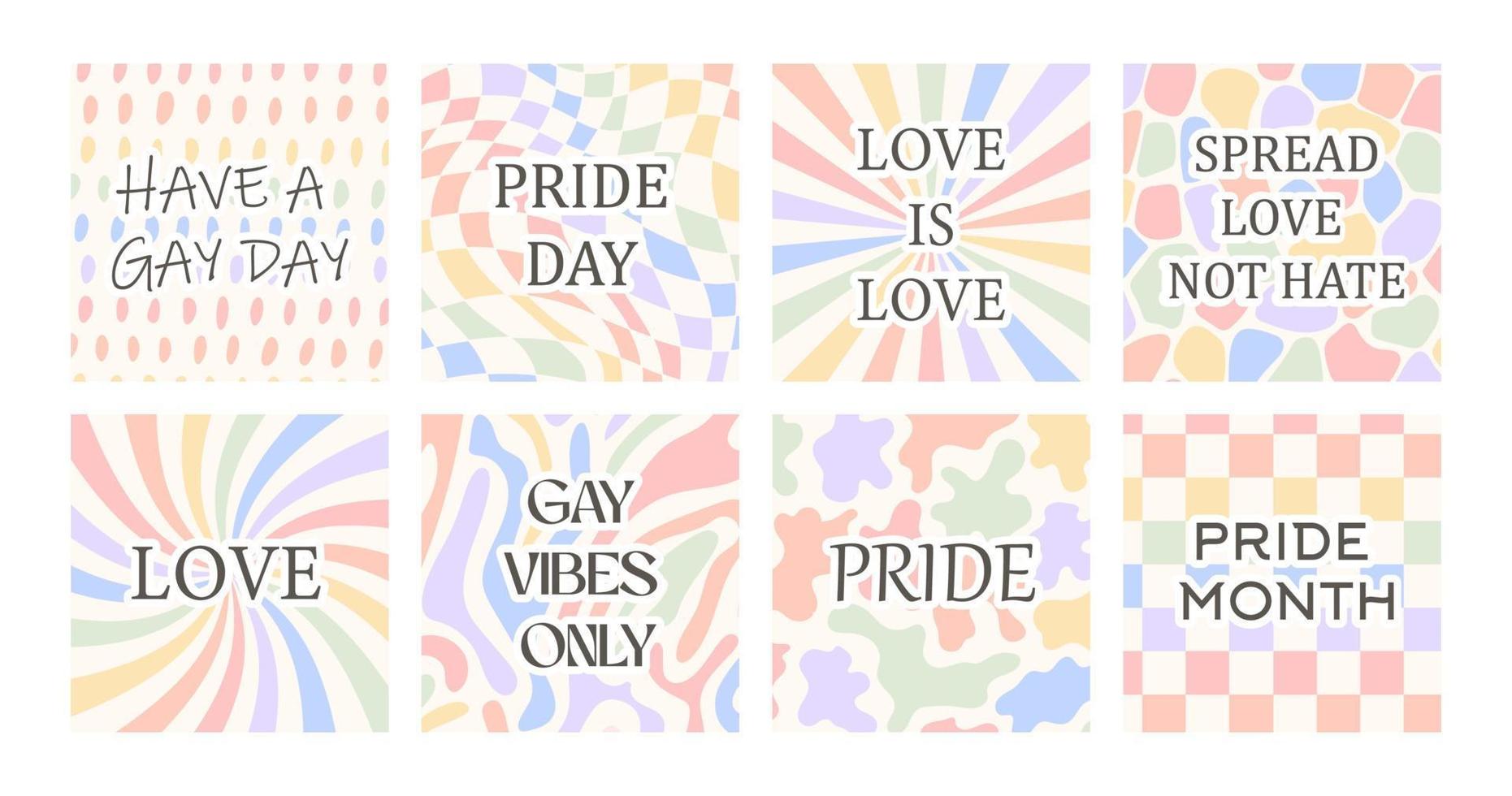 Set of vaporwave retro futuristic lofi social media post for LGBTQ Pride Month. 80s 90s Y2K aesthetic square banners. Queer greeting cards with old computer dialog window, rainbow and heart. Vector. vector