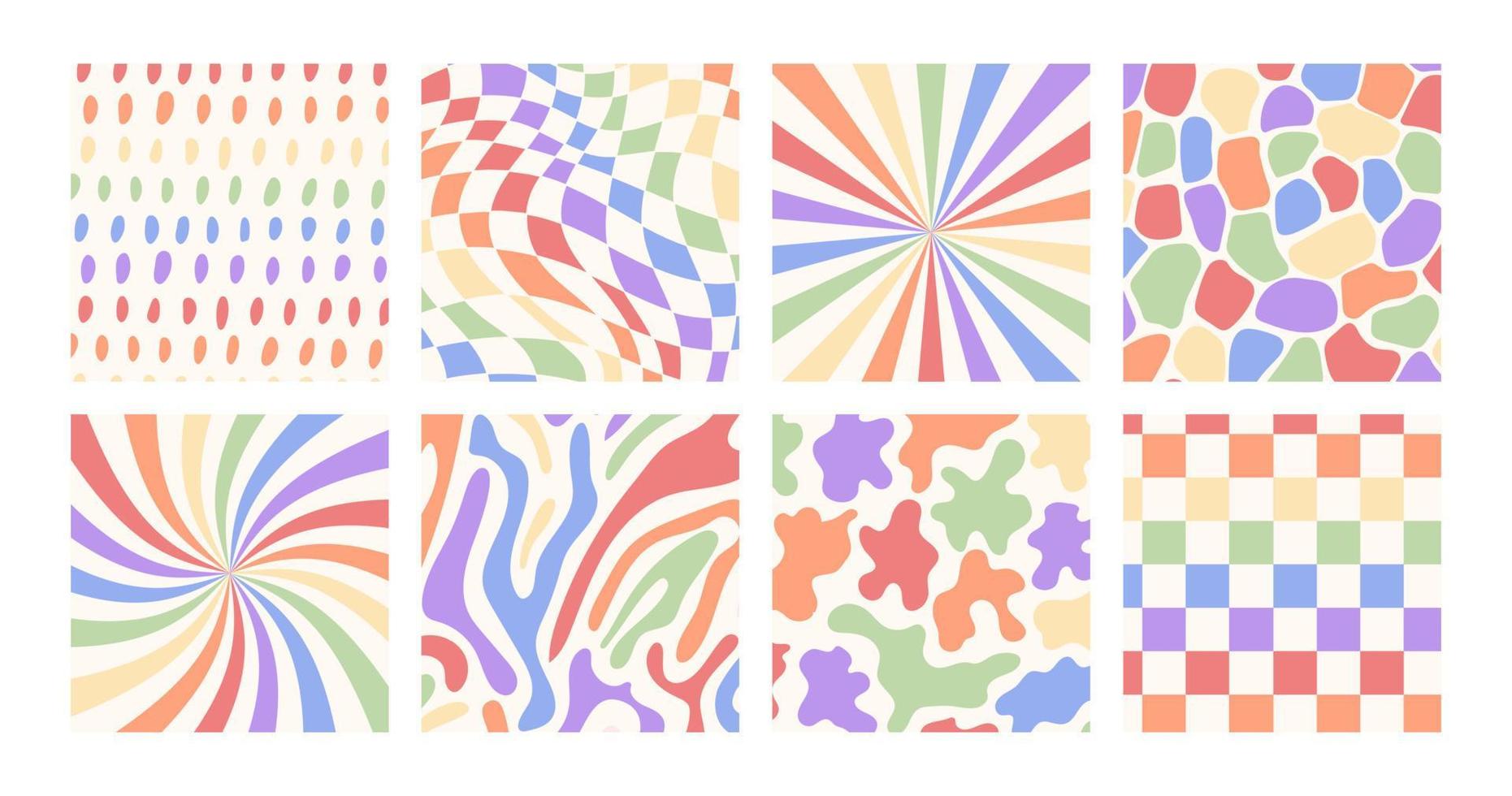 Set of checkerboard backgrounds in pale pastel colors. Groovy hippie chessboard pattern. Retro 60s 70s psychedelic design. Gingham vector wallpaper collection for print templates or textile.