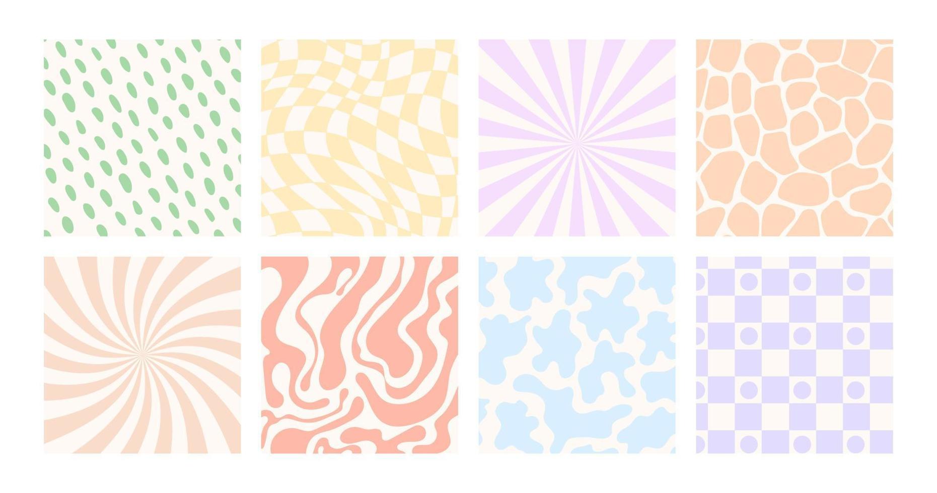 Set of checkerboard backgrounds in pale pastel colors. Groovy hippie chessboard pattern. Retro 60s 70s psychedelic design. Gingham vector wallpaper collection for print templates or textile.