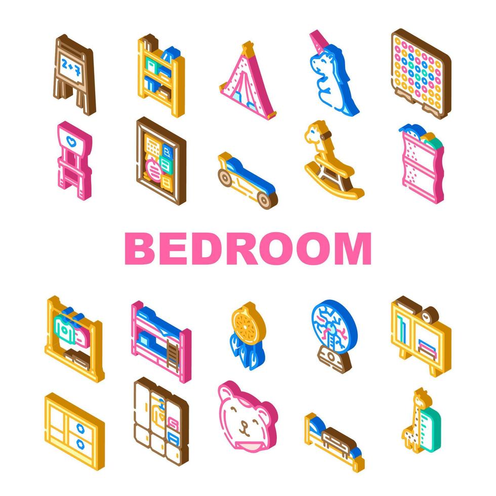 bedroom room kid interior icons set vector