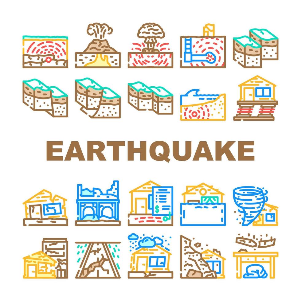 terremoto dañar destrucción íconos conjunto vector