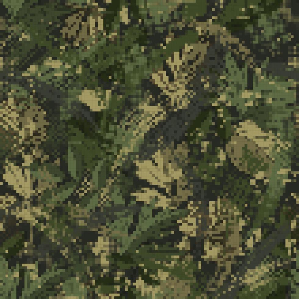 Seamless green camouflage pattern with PIXEL retro effect. Abstract paint brush strokes, smears, leaves. Army or hunting green masking ornament for clothing, apparel, fabric, textile, sport goods. vector