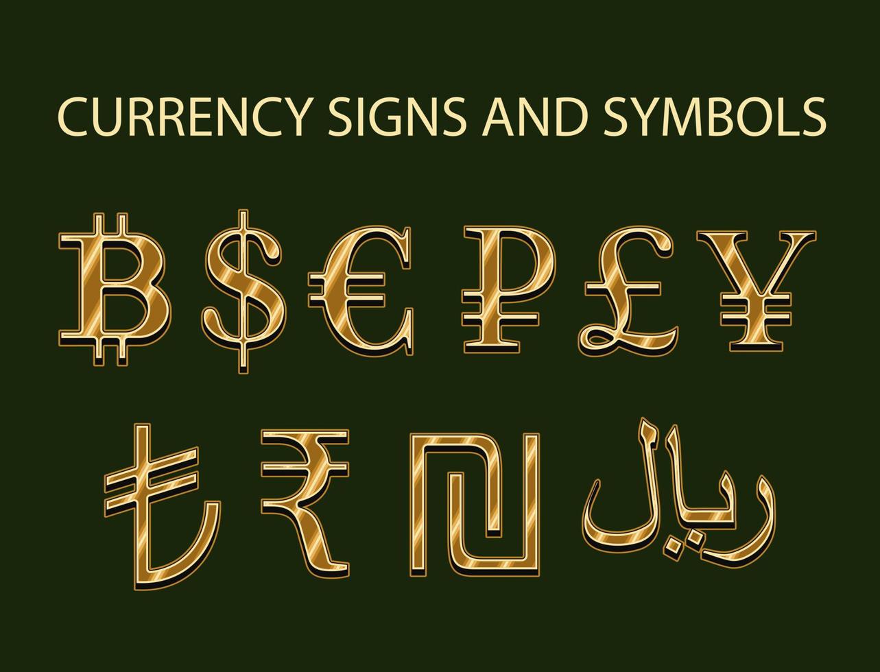 Set with gold symbols, signs of currencies. US dollar, euro, pound sterling, rouble, yen, bitcoin, rial, shekel, rupee and lira in vintage style. vector