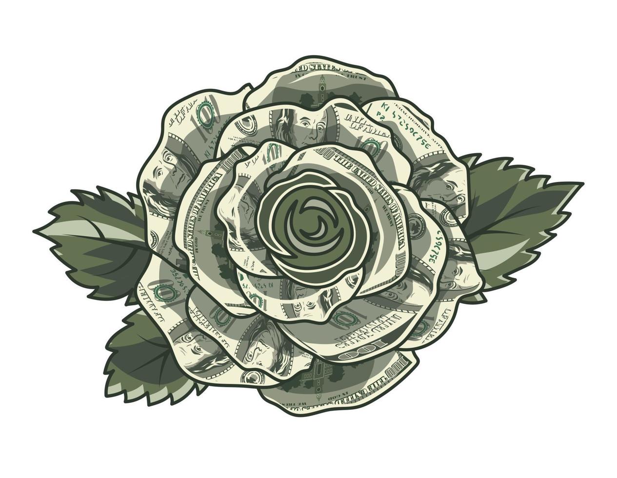 Green rose made of 100 US dollar bills with leaves. View from above. Creative vector illustration in vintage style.