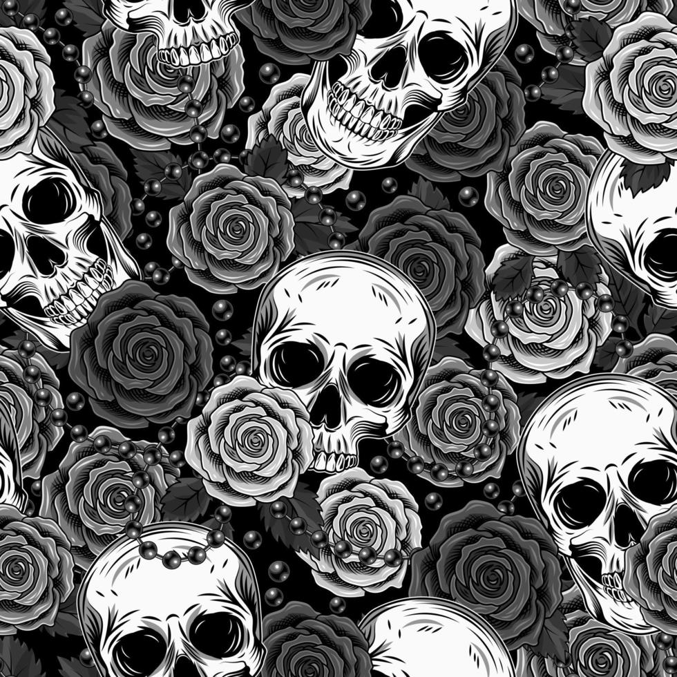 Seamless monochrome camouflage pattern with human skull, roses, scattred beads. Good for woman clothing, apparel, fabric, textile, sport goods design. Detailed illustration in vintage style. vector