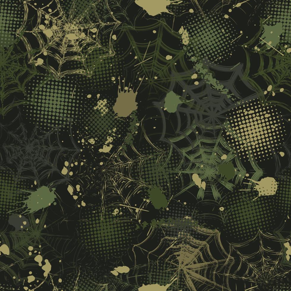 Seamless green camouflage pattern in grunge style with spiderweb, paint brush strokes, blots, round halftone shapes. Dense random chaotic composition. Good for apparel, fabric, textile, sport goods vector