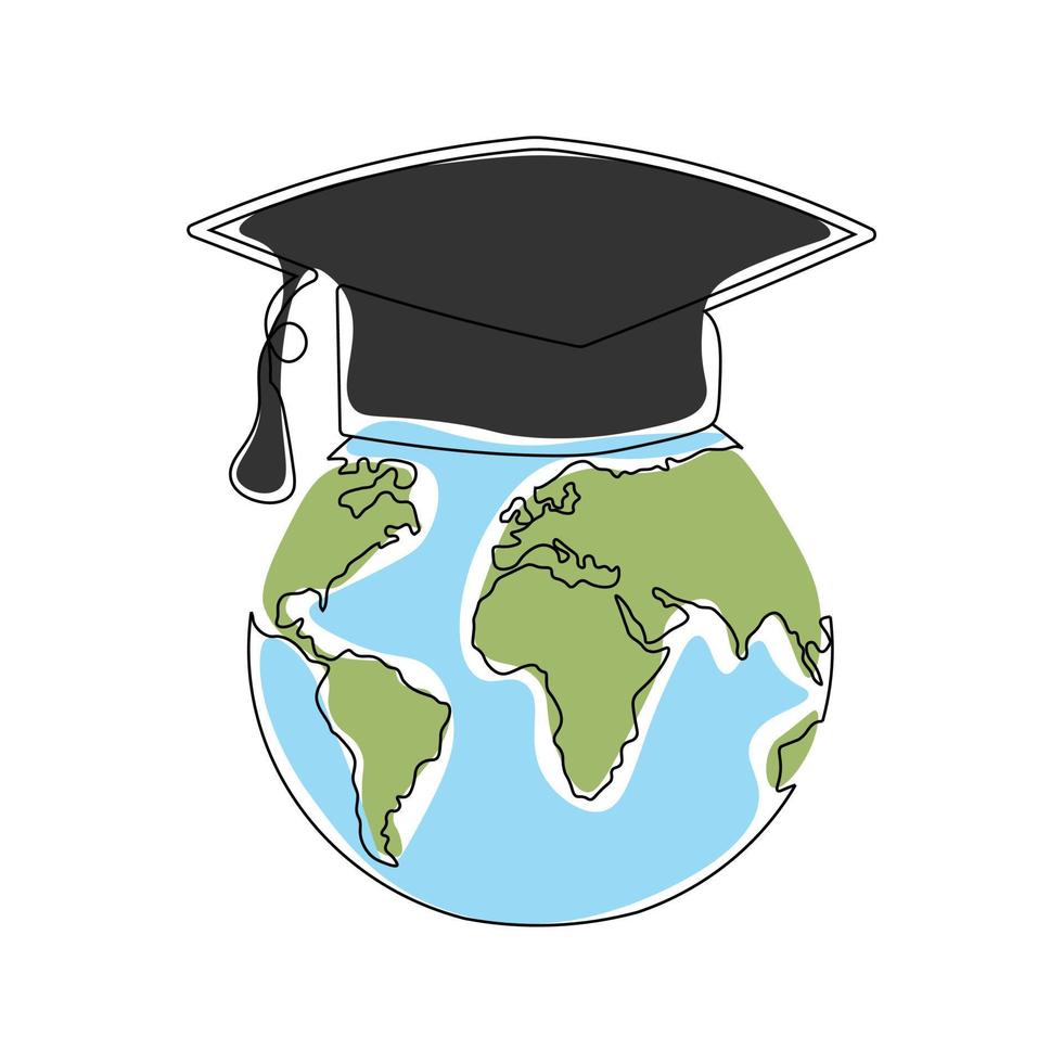 One continuous line drawing of Earth globe with graduation hat.World map doodle line drawing. Hand drawn graphic concept for education. Isolated on white background. Vector  illustration