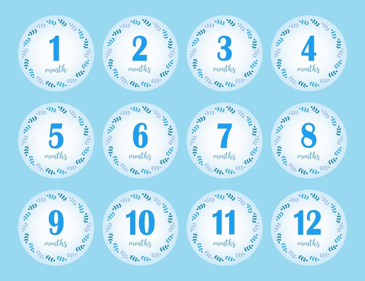 12 months stickers for the first year of the baby boy's life. Blue background with leaves in circle. Vector design.