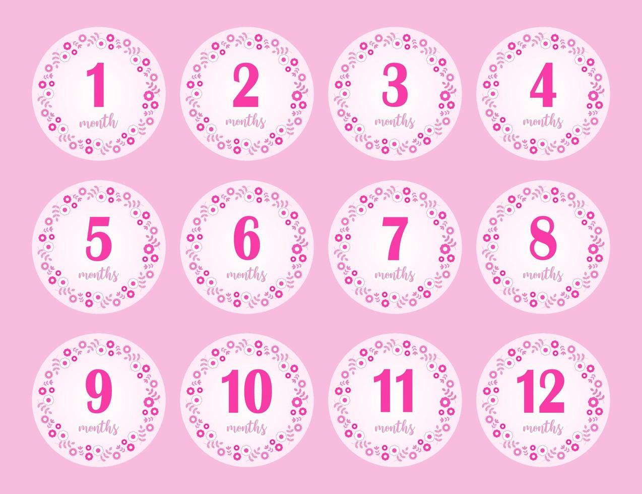 12 months stickers for the first year of the baby girl's life. Pink background with flowers in circle. Vector design.