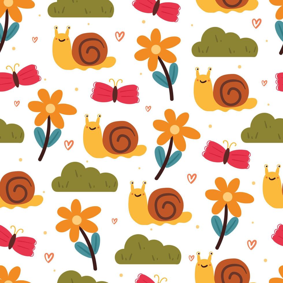 seamless pattern cartoon snail and butterfly cute animal wallpaper for textile, gift wrap paper vector