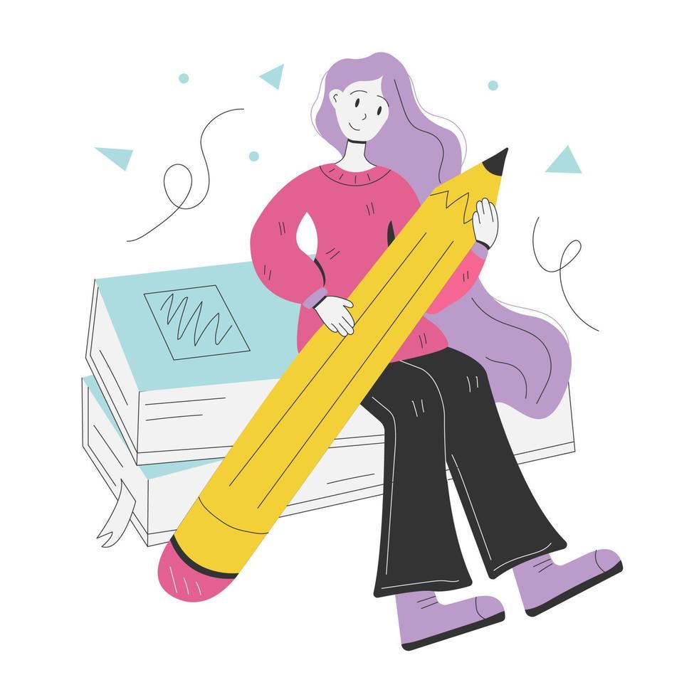 Student girl with giant Pencil. Young person holding pencil and sitting on books. Cute funny isolated characters. vector