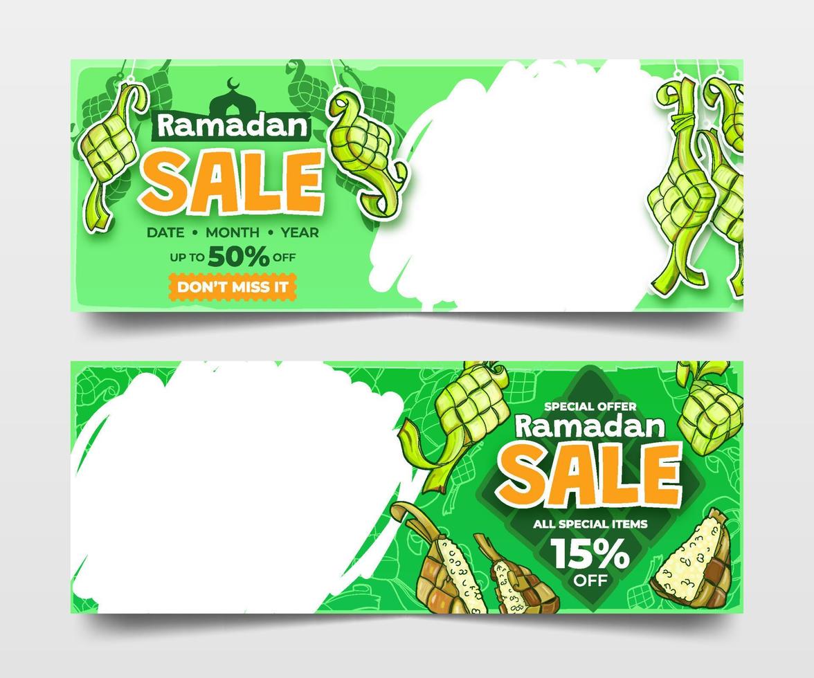 Green Ramadan Sale Banners with Hand Drawn Ketupat Illustration vector
