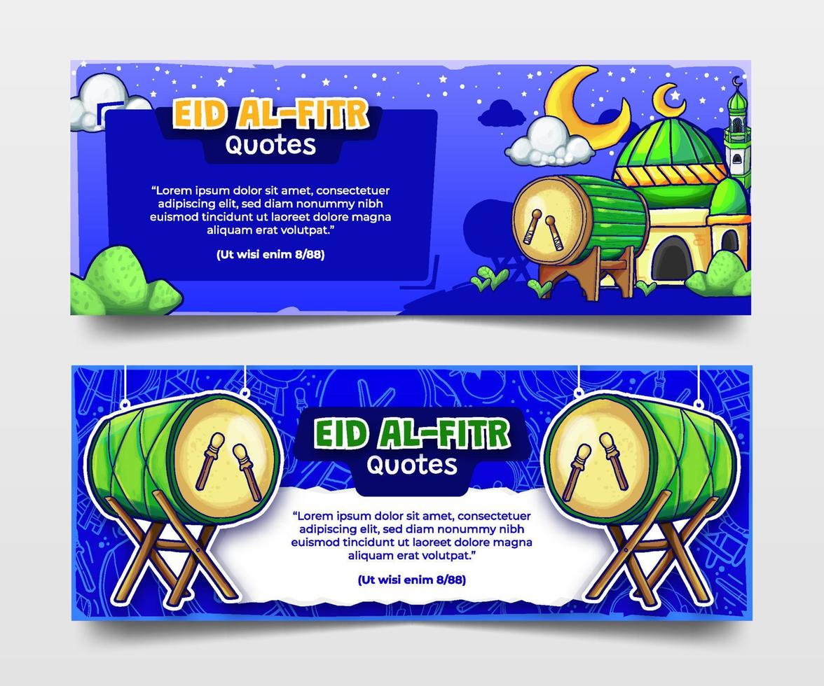 Blue Eid Al-Fitr Quote Banners with Hand Drawn Bedugs Illustration vector