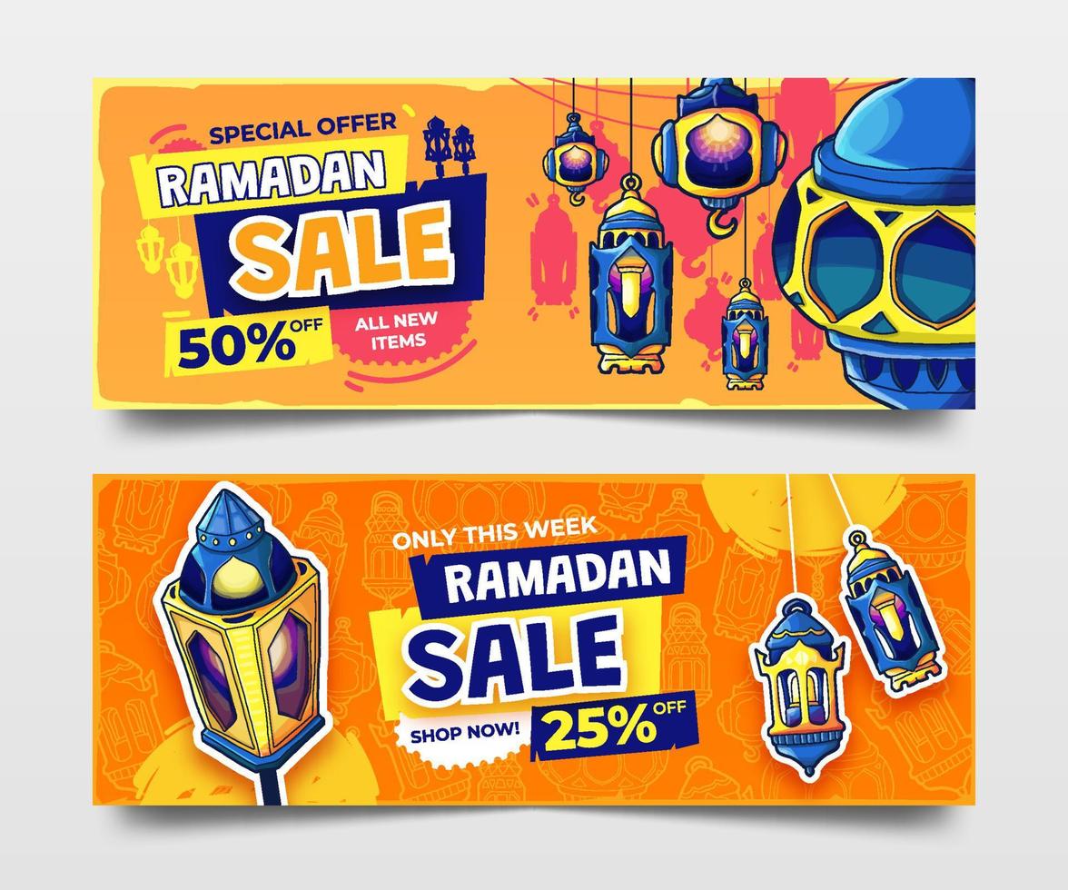 Orange Ramadan Sale Banners with Hand Drawn Lanterns Illustration vector